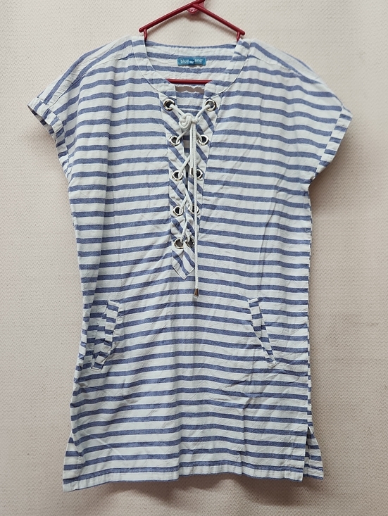 blue island Tops - blue island Blue & White Striped Lace-Up Tunic